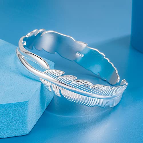 Buyito Sterling Silver Bangle Bracelets For Women 925 Sterling Silver Cuff Bangles Adjustable Fashion Women Jewelry Lucky Fidget Bracelet For Women Mom Wife Valentine Mothers Day Gift (Feather Style) #TOP1