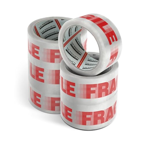 Merrimen Strong Heavy Duty Roll Pack Fragile Packaging Tape Secure Sticky Sealing Tape for Parcel Boxes Moving Boxes Large Postal Bags for Long Term Storage (48MM x 66M) (6 rolls Fragile)