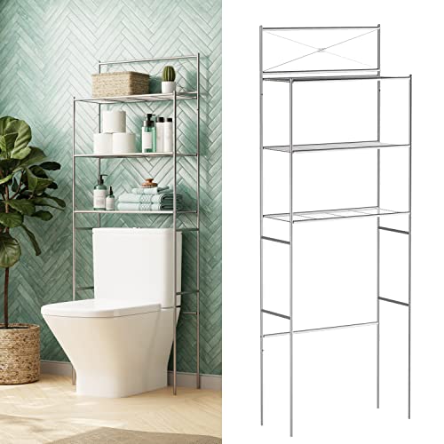 Zenna Home Over the Toilet Storage, Metal Bathroom Spacesaver with 3 Shelves, Cross-Style Storage Cabinet, Easy Assembly, Satin Nickel , 23.25 x 64.7´´