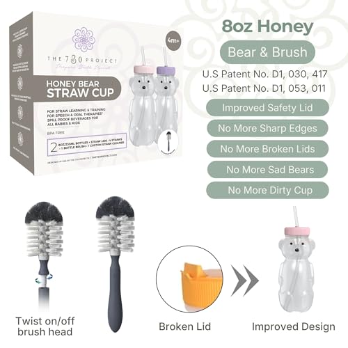 The 730 Project Honey Bear Straw Cup for Babies, 8oz Honey BearCup with Bottle Brush, 2-Pack Improved Lid Therapy Learning Honeybear Straw Cup for Baby, Cherry Blossom & Unicorn by The 730 Project - Image 3