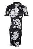Chinese Cheongsam Shirt Short Sleeve Dress Women Sexy Prom Dress Traditional Side Slit Palace Slim Fit Dragon Halter Neck Bodycon Dress Halloween Costume (UK, Alpha, L, Regular, Regular, Black)