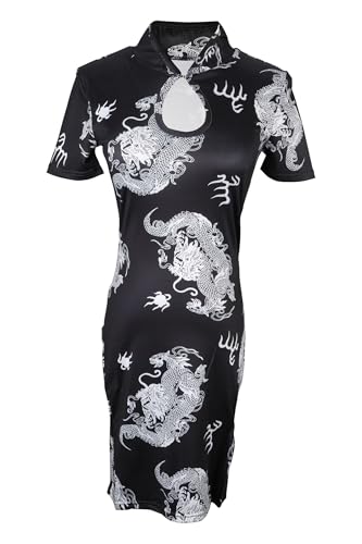 Vestido chino Cheongsam de manga corta para mujer con cuello halter y estampado de dragón tradicional