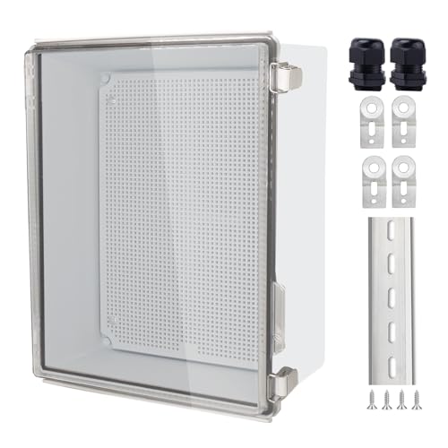 IP67 Waterproof Junction Box, ABS Plastic Electrical Enclosure with Stainless Steel Latch, Hinged Cover Electric Box with Mounting Plate, Wall Brackets &amp; Cable Glands 350x250x150mm