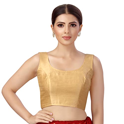 Studio Shringaar Women's Readymade Art Silk Sleeveless Saree Blouse (Gold, 34)