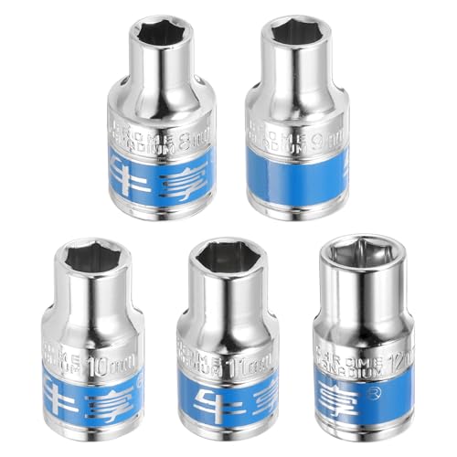 QUARKZMAN 5 Enchufe de Impacto de 1/2 y 6 Puntas, Métricos de 8-12 mm, Poco Profundo, Llave de Vaso Eléctrica de Vaso Poco Profundo para Reparación Mecánica de Automóviles, Plateado y Azul