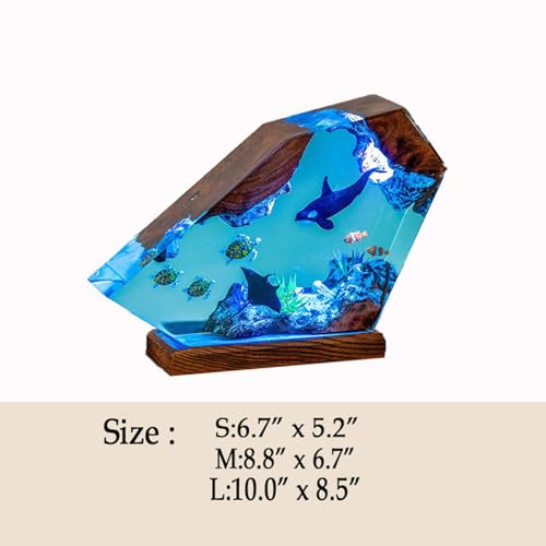 Image of Drawelry Ocean Creative Epoxy Resin Wood Light Lamp, Handmade Multi Color Aquatic Ocean Lamp Deep Sea Cave Diving Enthusiasts Led Night Light Desktop Decor Birthday Gift (Turtle, M)