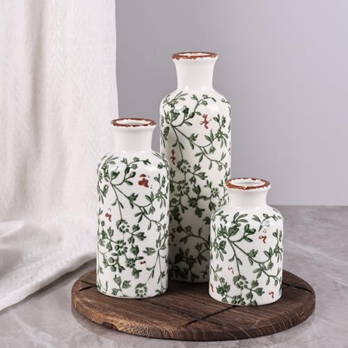 Ceramic Vase Set of 3 - Modern Chinoiserie Green Floral