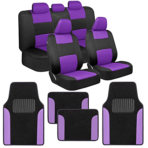BDK PolyPro Purple Car Seat Covers Full Set with 4-Piece Car Floor Mats - Two-Tone Fits Most Seat Covers for Cars with Carpet Floor Mats, Seat Protector Interior Accessories for Auto Truck SUV