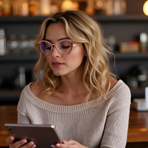 Image of HJSTES Blue Light Blocking Glasses Women Trendy Cat Eye Metal Frame Computer Reading Eyewear(Rose Gold)