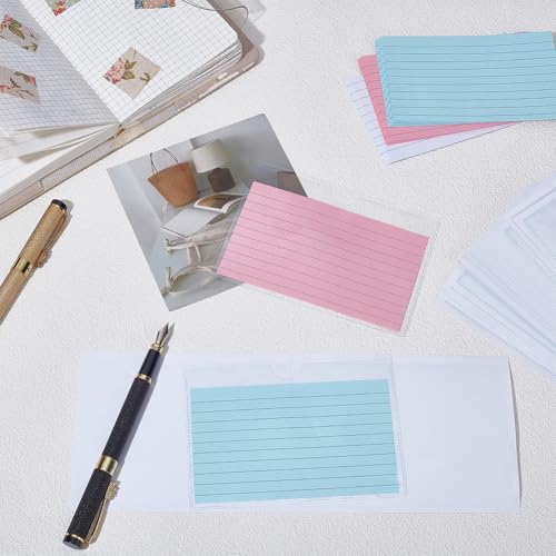 WADORN 50 Pack Index Card Pockets with 60Pcs Colorful Index Cards, Adhesive Pockets with Top Open Pl