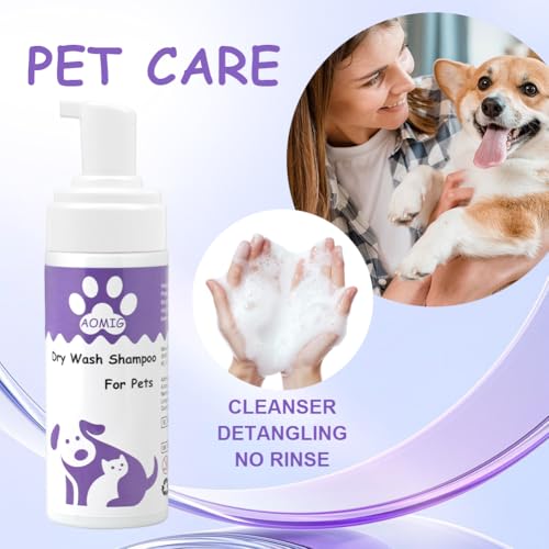 Aomig Wasserloses Trockenshampoo für Hunde Katzen Kleintiere Schnelle Sanfte Reinigung mit Pflegenden Pflanzenextrakten Ohne Alkohol Schaumformel Rückstandsfrei für Reisen empfindliche Haut (150ml)