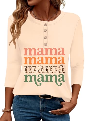 LOMON 3/4 Length Sleeve Womens Tops Crewneck Tunic Shirts Mama Print XL