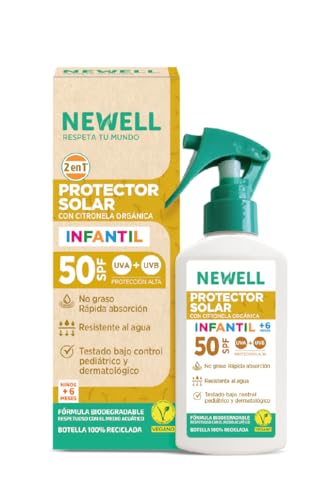NEWELL | Spray Solar SPF 50 Infantil | Repelente Solar Antimosquitos | Bebés (a partir de 6 meses), Niños y Adultos | Spray Eficaz Contra Mosquitos Tigre 3 horas | Botella 100 ml 100% Reciclable