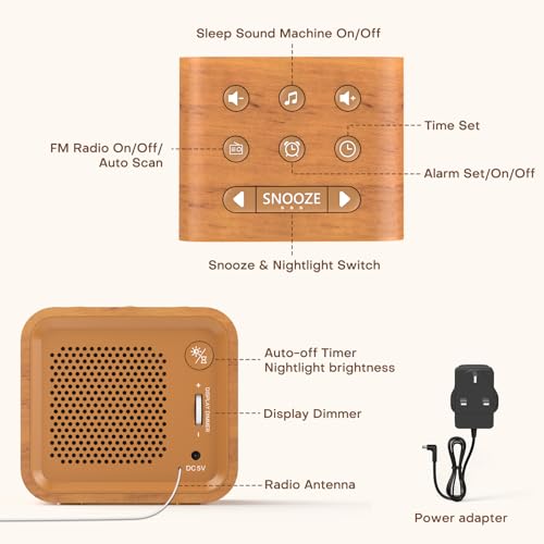 Reacher FM Radio Alarm Clock with White Noise Machine, Digital Dimmable Display, 9 Alarm Tones, 7 Colors Nightlight, Soothing Sounds, Sleep Timer, Snooze, Mains Powered for Bedside - Image 7