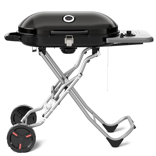 COWSAR Portable Propane Gas Grill 15,000 BTU 348 SQ Inch Large Cooking Areas, Built-In Thermometer Quick-Fold Legs & Wheels for Camping/Tailgating/Patio, Black