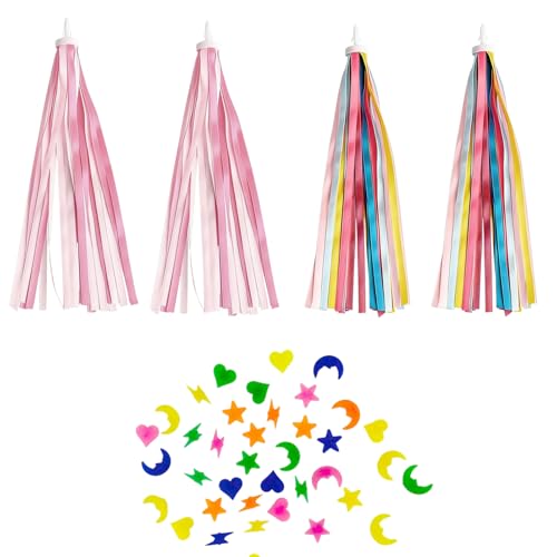Dargkwn 2 Paires Rubans Guidon Vélo, 36 Perles Rayons, Décoration sans Outils, Banderoles pour Trottinette Tricycle, Accessoires Rose Violet