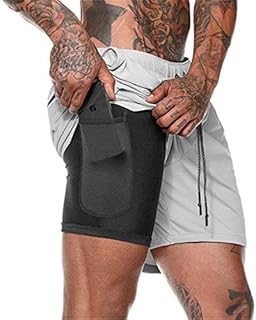 Akk Men's 2-in-1 Running Shorts Workout Training Short with Inner Compression Short and Zip Pocket Light Grey