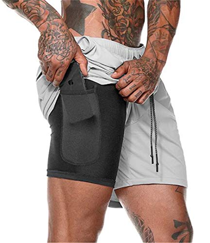 Akk Men's 2-in-1 Running Shorts Workout Training Short with Inner Compression Short and Zip Pocket Light Grey