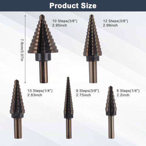 Image of Serplex 6-Piece Titanium Step Drill Bit Set with Automatic Center Punch, Multi-Size Spiral Groove Unibit Kit for Metal, Wood, High-Speed Steel Cone Drill Bits with Aluminum Storage Case