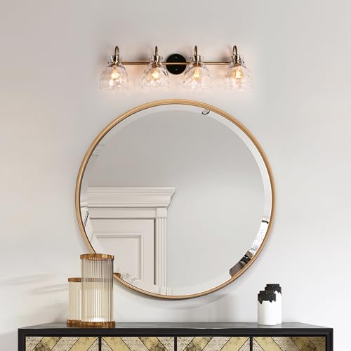 Image of KSANA Bathroom Light Fixtures, 31 inch Large Vanity Lights Over Mirror 4 Light Bathroom Lighting with Textured Glass Mid-Century Modern Vanity Light for Dressing Room, Powder Room