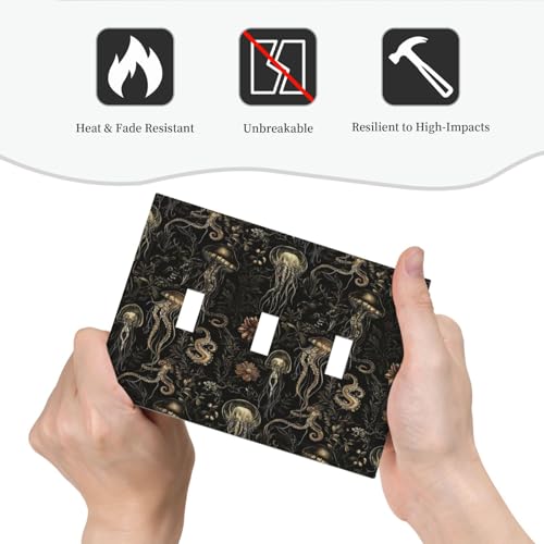Decorative Switch Plate Covers Black Gold Jellyfish Squid Deep Sea Creatures 3 Gang Light Switch Cover Plate Triple Toggle Wall Plate Light Switch Covers for Bedroom Home Decor