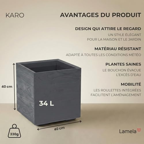 Bac à plantes sur roulettes 40 cm LAMELA anthracite pour fleurs - 3