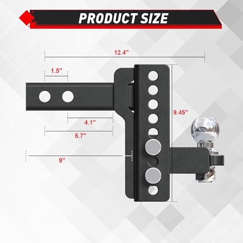 Image of TYT Adjustable Trailer Hitch for 2 inch Receiver, 6 inch Drop /Rise, 2 inch Tow Ball, 7,500 lbs GTW / 750 lbs TW, Includes Two Pins and One Anti-Theft Pin Lock