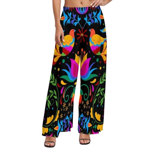 VOSERY Mexican Flower Traditional1 Palazzo Pants for Women, Comfy Womens Wide Leg Baggy Pants, Casual Lounge Pants for Women