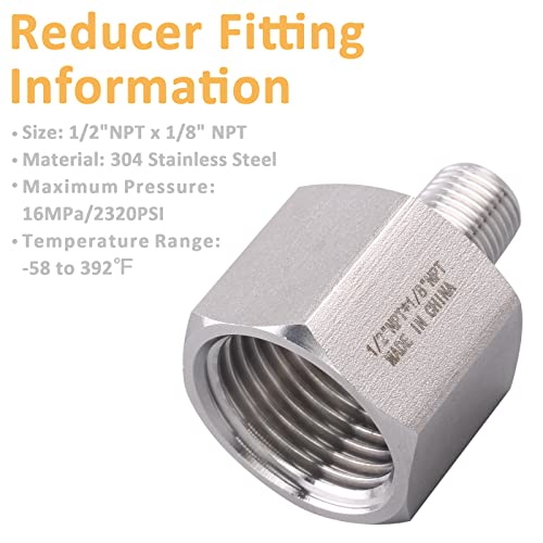 Image of Forged Reducer Adapter Fitting - Stainless Steel 304 Reducing Pipe Connector, 1 /2 inch NPT Female x 1 /8 inch NPT Male (pack of 2)