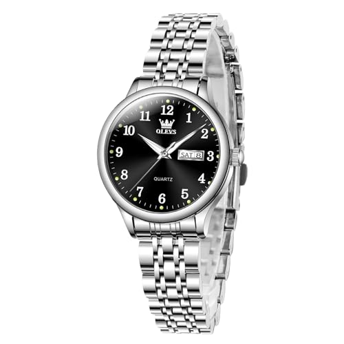 OLEVS 腕時計 レディース アナログクオーツ 人気ビジネス時計 夜光 防水 オシャレウォッチ シルバー ステンレスバンド 女性用うで時計 可愛い Watch for Women 黒色 ブラック文字盤 ファッション女性とけい 日付 シンプル耐圧時計 軽い 見やすいうでどけい カジュアル Watch for Ladies, ホワイトブラック　5006, XQYJP-S-L5006G-BH