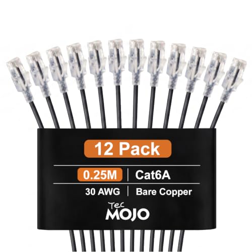 Image of Tecmojo Cat6A Ethernet Cable, 0.25m Patch Cable 12 Pack 30AWG Ultra Thin 10 Gbps RJ45 Pure Copper Core LSZH Network Patch Cord for Router Modem Patch Panel Faster Than Cat6 Cat5e and Cat5, Black