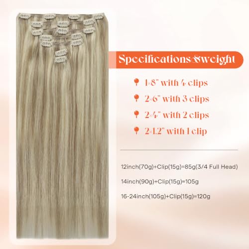 Image of Sunny Hair Clip in Hair Extensions Real Human Hair Blonde Highlights | Remy Human Hair Blonde Clip in Extensions for Fine Hair 14inch, Natural Volume, Silky Texture for Casual Styling 105g