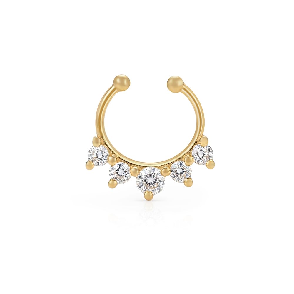 925 Silver Crown Septum Nose Ring | Five-Stone Cubic Zirconia Crown Cluster with Centre Drop in Gold Finish | Gifts for Women and Girls | With Certificate of Authenticity-image-2