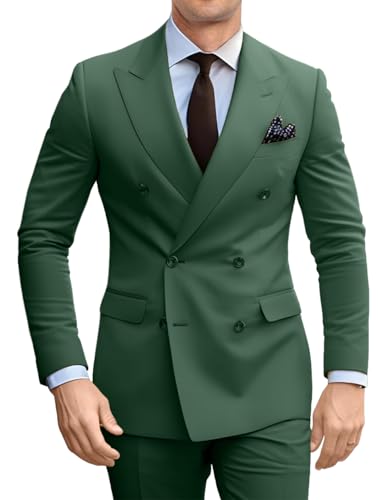 Men Double Breasted Suit 2 Piece Slim Fit Suit Blazer Pants Set 2 Button Formal Olive Green Dress Suits for Men Tuxedo M