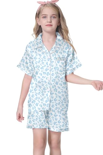 Image of Umeyda Women & Girls Pajamas Set, Soft Satin Lightweight Silk Button-Down Top with Shorts 2 Piece PJS for Mom Boys Kids Gifts