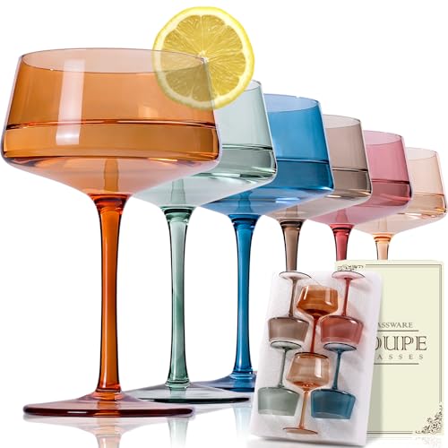 JOVGANK Colored Coupe Glasses Set of 6, Hand Blown Colorful Martini Glasses 13Oz, Champagne & Cocktail Luxury Glasses, Bar Manhattan and New Year Glass, Mother's Day Gift for Ice Cream Dessert