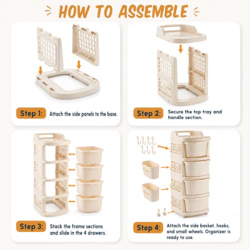 Image of Homeor 4 Tier Plastic Storage Drawer Cabinet with Wheels, Modular Chest of Drawers Organizer with Side Basket & Handle, Storage Trolley Rack for Home, Kitchen, Bedroom, Kids Room (Ivory)