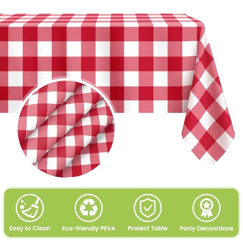 Image of Mulbozy 4 Pcs Red Checkered Tablecloth 54 x108 Inches Rectangle Red Gingham Tablecloth Disposable Plastic Waterproof Table Cover for Outdoor Picnic, Kitchen, Holiday Birthday Party