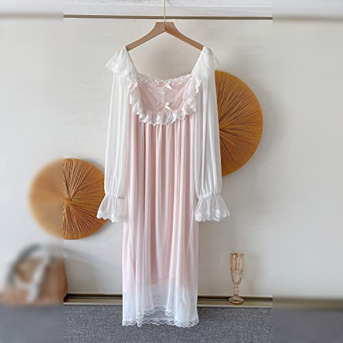 Womens Vintage Lace Pajamas Lingerie Gothic Sleepwear Princess Nightdress Homewear Court Style Lounge Dress White (M, 106#Pink) #TOP2