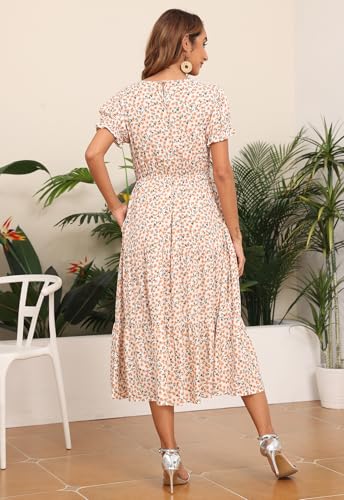 Image of NAVINS Womens Floral Print Modest Wedding Guest Midi Dress with Pockets | Puff sleeve tiered boho dress for summer, church, and vacations. Elastic waist, Below knee, hand or machine wash.