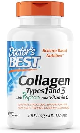 Doctor's Best Collagen Types 1 and 3 with Peptan, Non-GMO, Gluten Free, Soy Free, Supports Hair, Skin, Nails, Tendons and Bones, 1000 mg, 180 Tablets Product Image