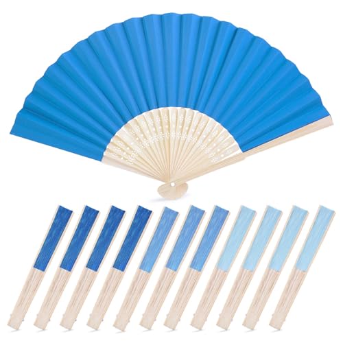 JOHOUSE 12Pcs Blue Paper Folding Hand Fans, 8.3 Inch Handheld Portable Decorative Fans for Wedding, Outdoor Party Favors, Baby Shower Decorations DIY Crafts Photography Prop