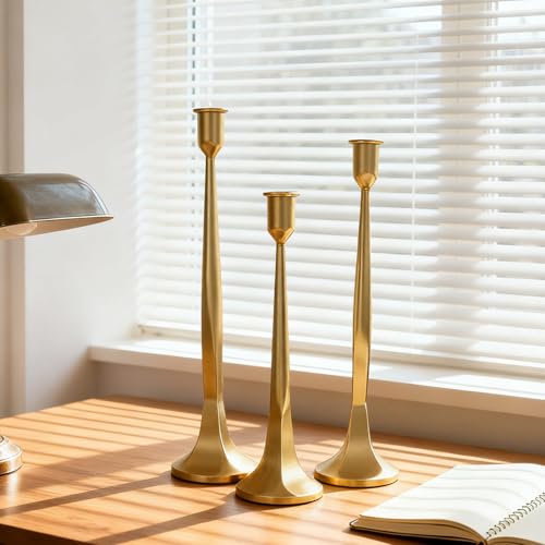 Iron Taper Candle Holder Set of 3 | 12" 14" 15.5" | Fits 7/8" Candles | Tapered Gold Candle Holders Tall Set | for Wedding, Dining Table, Home Decor