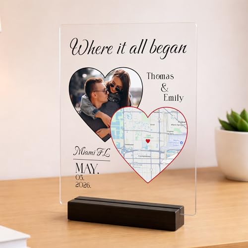 EGD Personalized Acrylic Plaque Where It All Began with Photo and Map | Custom Couple Gift with Names Date Location | Clear Acrylic Display Sign | Multiple Sizes and Base Options (P. Map)