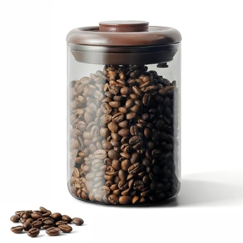 TCCHDM Glass Coffee Bean Jar 900 ml Pop Top Air Tight Coffee Bean Container with CO2 Valve 11 Oz Coffee Storage Airtight Canister Brown