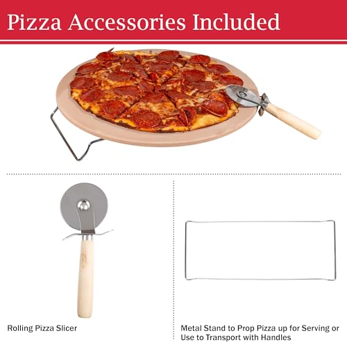 Pizza Stone - 15-Inch Pizza Stone for Oven or Grill with Pizza Cutter and Metal Serving Rack/Handles - Pizza Oven Accessories by Classic Cuisine