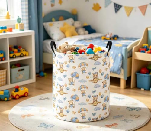 Image of Baby Laundry Basket Baby Nursery Hamper Kids Laundry Basket Toy Storage Bin for Boys Room Decor Gift Baskets for Bedroom Bathroom(Bear Pilot)
