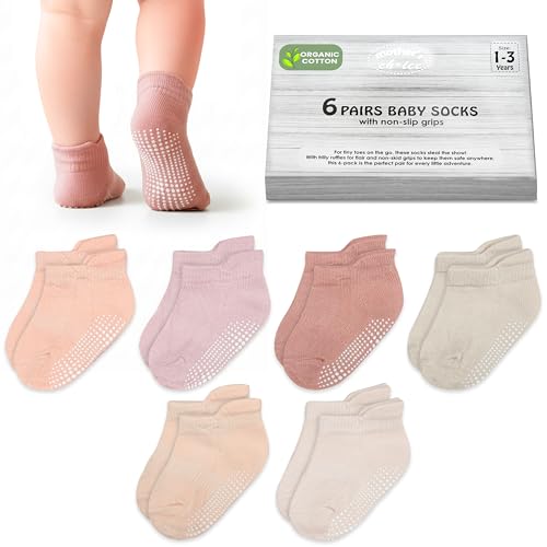 Mother's Choice Organic Cotton Ankle Baby Socks – 6 Pairs, Soft Breathable Non-Slip Socks for Baby Boys & Girls (Blush Pink 1-3 y)