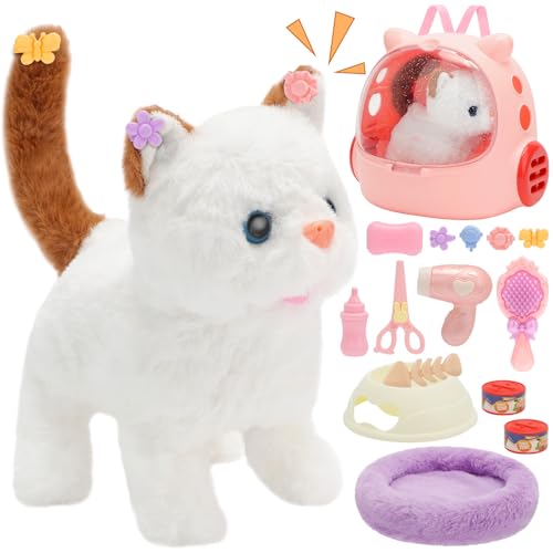 deAO Toy Cat for Kids,Remote Control Electronic Plush Stuffed Cat for Kids,Interactive Electronic Cat Toy, Barks,Walks, Groom & Feed Toys, Gifts for Girls