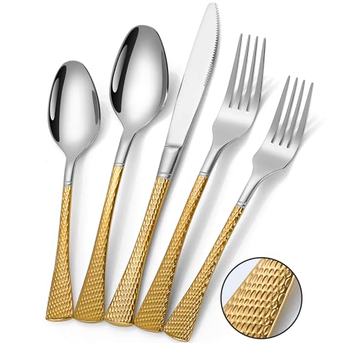 Hammered silverware set for 4, 20 pc modern flatware